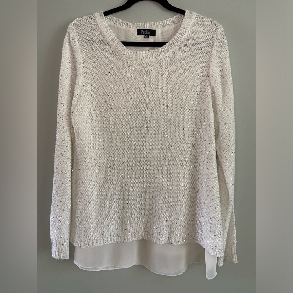 PAPILLON Sequin Mixed Media Sweater in White Size XL